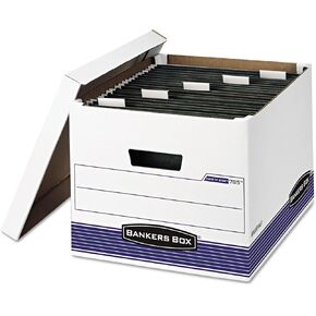 Bankers Box Hang'n'stor Medium-Duty Storage Boxes, Letter/Legal Files, 13" X 16" X 10.5", White/Blue, 4/Carton