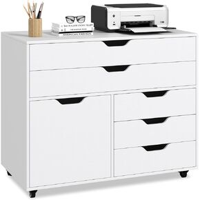LOKO 5-Drawer File Cabinet, Mobile Chest of Drawers with Side Cabinet, Door Cabinet with 5 Casters, Rolling Lateral Filing Cabinet, Storage Cabinet Unit for Living Room, Study, Home Office