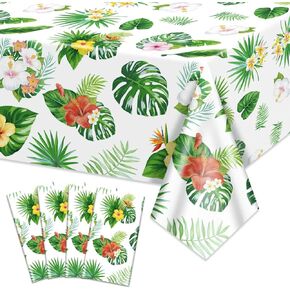 4 Pack Hawaiian Luau Tablecloths for Party Decorations, Palm Leaf Table Covers Rectangular Aloha Tropical Leaf Tablecloths for Summer Beach Kids Birthday Cocktail Party Supplies, 51 x 86 in