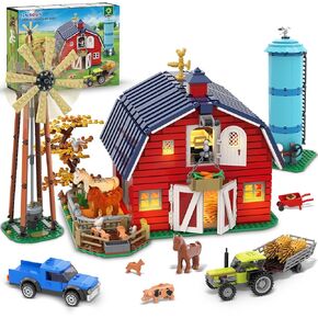 Farm Barn Building Set with LED, Western Farm House Building Block with Windmill Tractor Horse Animals 1405 PCS, Big Barn Construction Toy Brick Kit for Adults Teens Boys Girls 10-12+