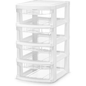 Mini Plastic Stacking Desk Top 4-Drawer Storage Organizer, for Makep Vanity Nail Polish Bathroom Stationery Art Craft Supplies Kitchen Office Garage and Small Organization, Small, White