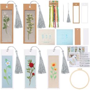 SUNNYCLUE DIY 5 Sets Embroidery Bookmark Set Bookmark Making Kit Instruction Included Cross Stitch Bookmark Floral Plant Flower Counted Cross Stitch Kits for Beginners Adults School Office Gifts Craft