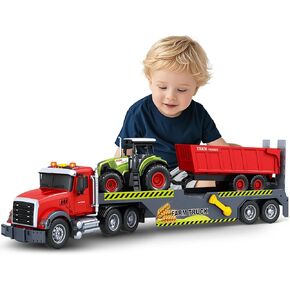 SpringFlower Extra Large Fire Truck Toys for Boys Girls with Racing Car and Helicopter, Lights, Sounds, Semi Truck Vehicle Toy for Toddlers 3 4 5 6 7, Christmas Birthday Gift