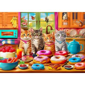 Large 300 Piece Puzzles for Kids - Jigsaw Puzzles for Adults and Seniors - Kitchen Kittens and Donuts