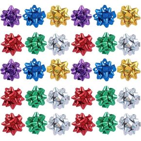 50Pcs Mini Christmas Gift Bows - 1" Metallic Star Self-Adhesive Wrapping Accents, Vibrant All-Occasion Bows for Presents/Crafts/Party Decor, Holiday and Valentine's Day Essentials (Mixed Colors)