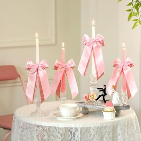 12 PCS Pink Candlestick Decoration أقواس مزدوجة طبقة الساتان القوس للشمعة