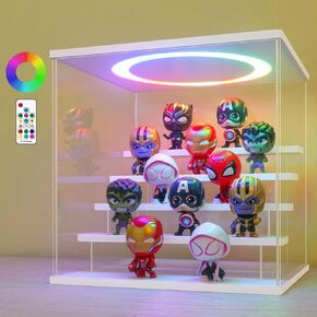 LANSCOERY RGB Lighted Acrylic Display Case – 3 Tier Black Showcase with Color Changing LED, Dustproof Organizer Box for Funko Pop, Mini Figures, Collectibles, 11.8x6.3x9.4inch