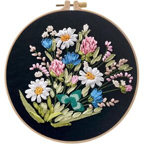 PHEZEN Ribbon Embroidery Stitch Practice Kit, Embroidery Kit for Adult Beginners, Include Embroidery Cloth Hoops Threads for Craft Lover with Embroidery Skill Techniques Type 3