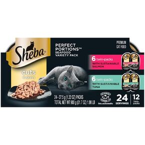 Sheba Perfect Portions Wet Cat Food Cuts in Gravy with Sustainable Tuna and with Sustainable Salmon Variety Pack, 2.6 oz. Twin-Pack Trays (12 Count, 24 Servings)