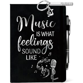 Music Gift Ideas, Music is What Feelings Sound Like Journal Black 200 Pages Notebook A5 Lined with Pen, Music Keychain Gift, Music Themed Gifts for Musician Singer Music Teacher Birthday Christmas