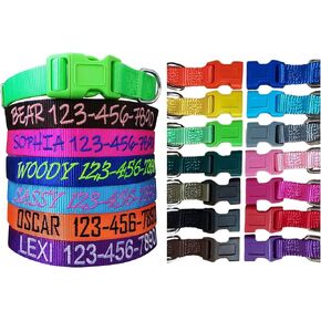 Personalized Custom Customized Embroidered Dog Name & Phone Number Adjustable Nylon Collar for Large Medium Small Breed, Girl Boy Dogs, Pet Puppy Black Red Pink Purple Orange Blue Green