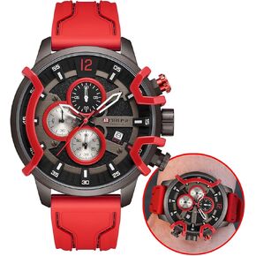 Mens Watches Red Big Face Sport Chronograph Analog Quartz Watch Fashion Military Silicone Strap Waterproof Calendar Wristwatch in Saudi Arabia