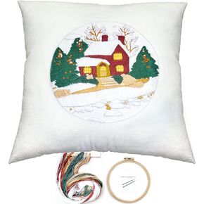 FONNUY Christmas Embroidery Kit for Beginners, Throw Pillow Case Cross Stitch Set Winter Snow House Holly Tree Pattern for Adults, Hand Works Crafts Throw Pillow Cover, 18 x 18'' (Green)