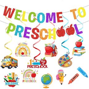 Colorful Glitter Welcome to Preschool Banner with Hanging Swirls Stickers, Preschool Classroom Decorations for Welcome to Preschool Bulletin Board Sets Teacher Supplies First Day of Prechool Banner