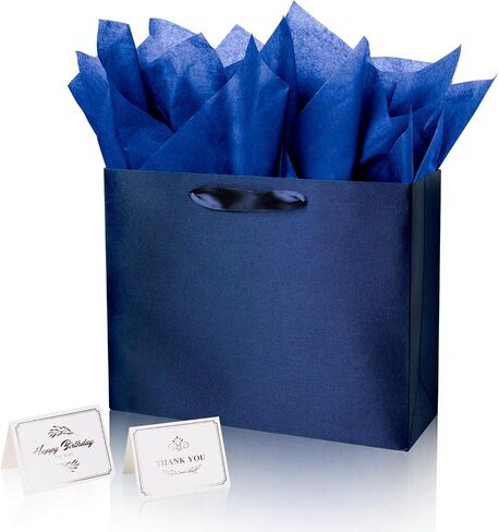 Linelglobal Blue Gift Bag with Tissue Paper Solid Color Silky for Women Men Boutique, Birthday, Fathers Day, Anniversary, Wedding 13" in Saudi Arabia