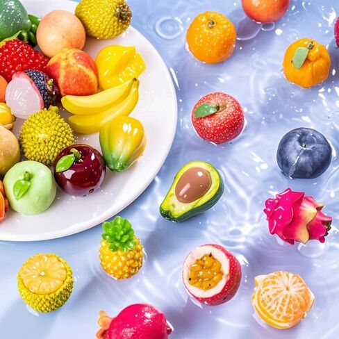 Exasinine 33pcs Miniature Fruits Figures Strawberry Peach Grapes Mini Resin Figures Artificial Fruit for Garden Kitchen Game Party Decor Cake Decoration in Kuwait
