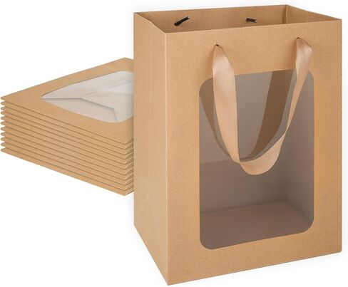 MOXARYSU 6 Pcs Brown Gift Bags with Clear Window: 9.8x5.1x7.1 Inch Medium Kraft Paper Bags with Handle For Party Business Birthday Wedding in Saudi Arabia