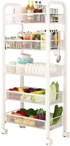 5 Tier Rolling Storage Cart, Storage Cart with Wheels- for Fruits Vegetables Snacks Bowl Dishes, Rolling Cart Organizer for Kitchen Living Room, White in Saudi Arabia