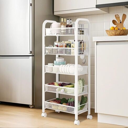 5 Tier Rolling Storage Cart, Storage Cart with Wheels- for Fruits Vegetables Snacks Bowl Dishes, Rolling Cart Organizer for Kitchen Living Room, White in Saudi Arabia