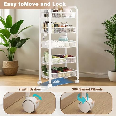 5 Tier Rolling Storage Cart, Storage Cart with Wheels- for Fruits Vegetables Snacks Bowl Dishes, Rolling Cart Organizer for Kitchen Living Room, White in Saudi Arabia