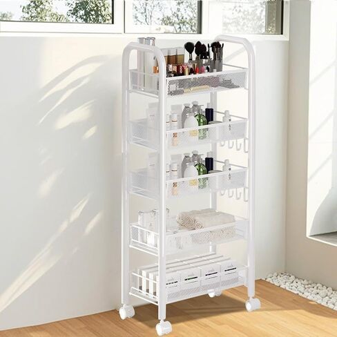 5 Tier Rolling Storage Cart, Storage Cart with Wheels- for Fruits Vegetables Snacks Bowl Dishes, Rolling Cart Organizer for Kitchen Living Room, White in Saudi Arabia