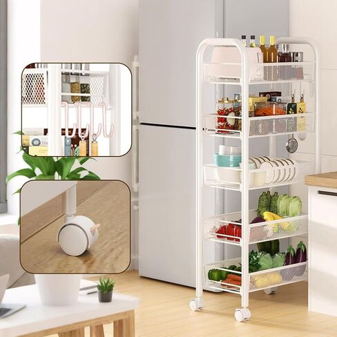 5 Tier Rolling Storage Cart, Storage Cart with Wheels- for Fruits Vegetables Snacks Bowl Dishes, Rolling Cart Organizer for Kitchen Living Room, White in Saudi Arabia