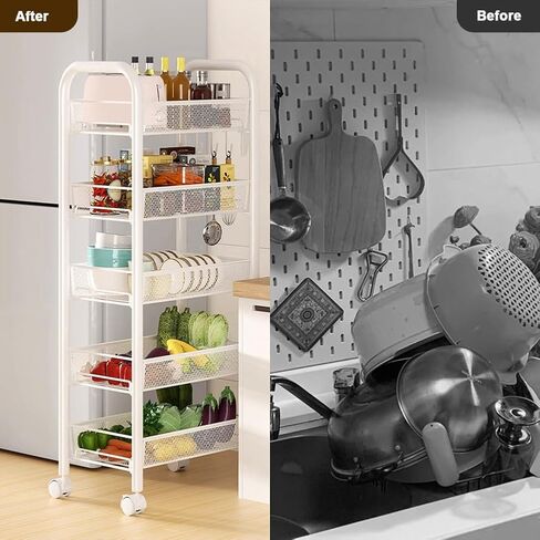 5 Tier Rolling Storage Cart, Storage Cart with Wheels- for Fruits Vegetables Snacks Bowl Dishes, Rolling Cart Organizer for Kitchen Living Room, White in Saudi Arabia