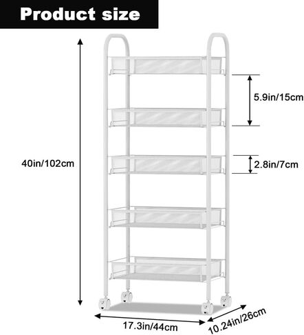 5 Tier Rolling Storage Cart, Storage Cart with Wheels- for Fruits Vegetables Snacks Bowl Dishes, Rolling Cart Organizer for Kitchen Living Room, White in Saudi Arabia