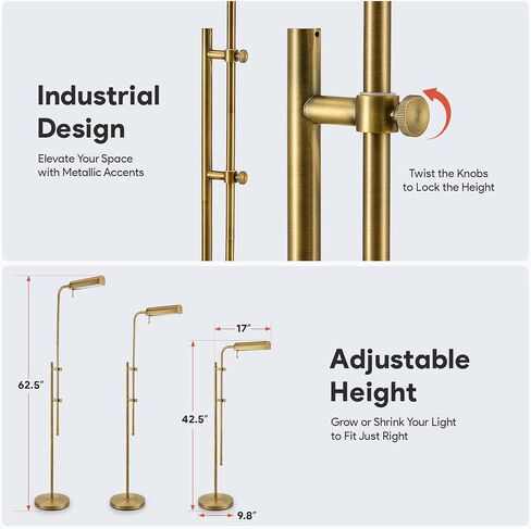 VONLUCE Dimmable LED Floor Lamp, 62.5" Industrial Floor Lamp for Living Room with Adjustable Height Swing Arm Head 3 Color Temperatures, Standing Reading Lamp for Bedroom Office, Antique Brass in Saudi Arabia