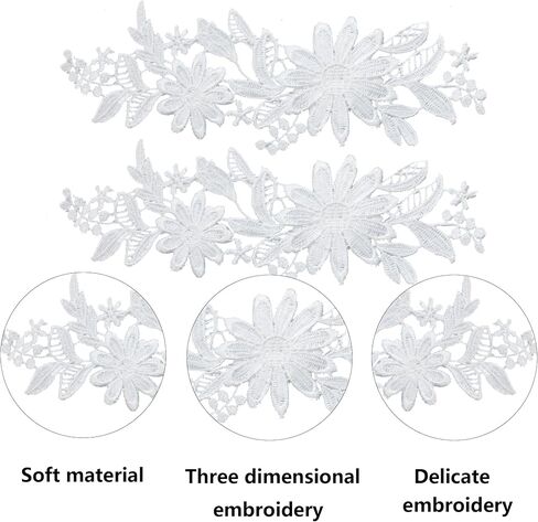pson 1 Pair 9 x 3.14 Inch Lace Flower Embroidered, White Three-Dimensional Flowers Embroidered for DIY, Wedding Dress, Clothing Decoration in Saudi Arabia