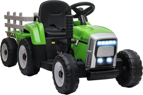 Aosom 12V Ride on Tractor with Trailer, 25W Dual Motors, Battery Powered Electric Tractor with Remote Control, Music Startup Sound and Horn, LED Lights, Green in Kuwait