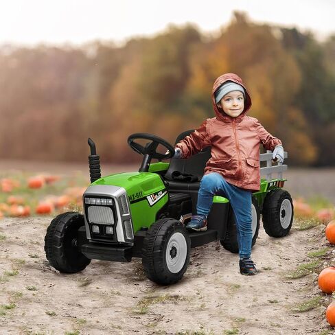 Aosom 12V Ride on Tractor with Trailer, 25W Dual Motors, Battery Powered Electric Tractor with Remote Control, Music Startup Sound and Horn, LED Lights, Green in Kuwait