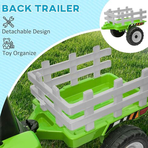 Aosom 12V Ride on Tractor with Trailer, 25W Dual Motors, Battery Powered Electric Tractor with Remote Control, Music Startup Sound and Horn, LED Lights, Green in Kuwait