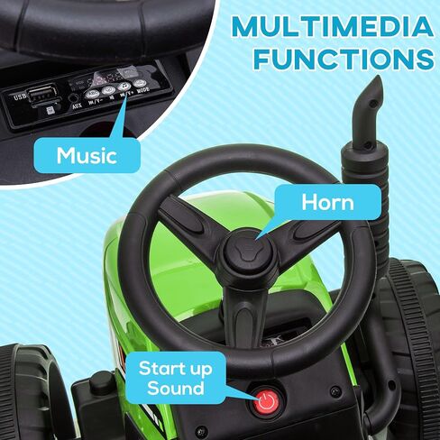 Aosom 12V Ride on Tractor with Trailer, 25W Dual Motors, Battery Powered Electric Tractor with Remote Control, Music Startup Sound and Horn, LED Lights, Green in Kuwait