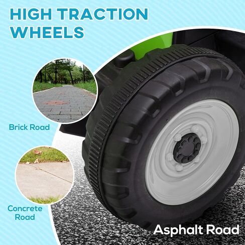 Aosom 12V Ride on Tractor with Trailer, 25W Dual Motors, Battery Powered Electric Tractor with Remote Control, Music Startup Sound and Horn, LED Lights, Green in Kuwait