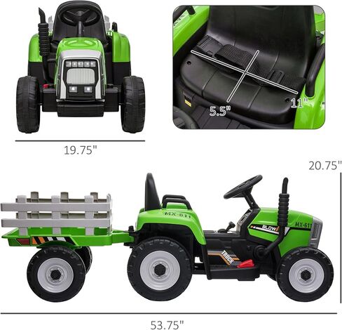 Aosom 12V Ride on Tractor with Trailer, 25W Dual Motors, Battery Powered Electric Tractor with Remote Control, Music Startup Sound and Horn, LED Lights, Green in Kuwait