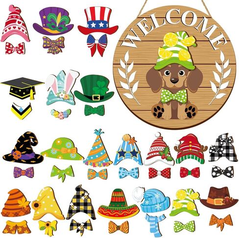 Juexica 41 Pcs Interchangeable Dog Welcome Door Sign Dachshund Decor Wooden Dachshund Door Hanger Seasonal Decor with 20 Magnet Hats and 20 Detachable Accessories for Holiday Front Door in Saudi Arabia