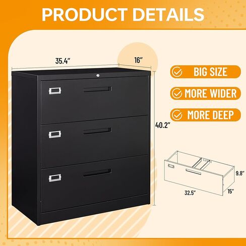 Lateral File Cabinet with Lock, 3 Drawer Metal Filing Cabinet, Lateral Filing Cabinet with Lock for Home Office, Locking Metal Steel Wide File Cabinet for Legal/Letter A4 Size in Kuwait
