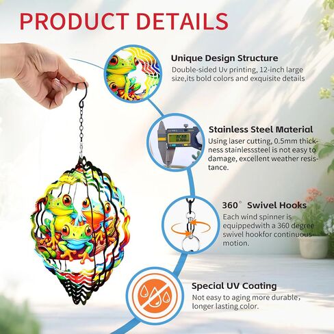 Frog Wind Spinners Outdoor,12 inch 3D Hanging Wind Spinner Garden Decor Gifts for Women/Men,Metal Wind Kinetic Sculpture Decorations for Patio,Yard Art,Porch,Yard,Deck in Saudi Arabia