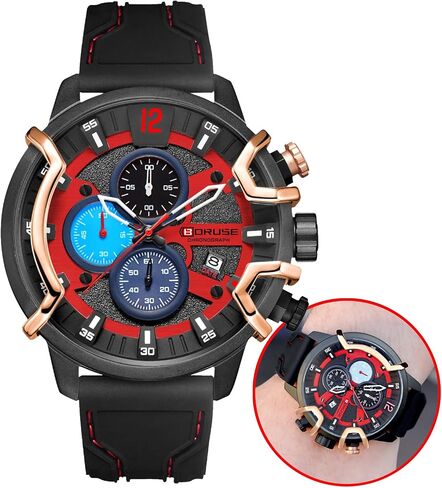 BORUSE Watch for Men Sport Military Chronograph Big Face Quartz Watches Fashion Luxury Waterproof Calendar Silicone Strap Man Analog Wristwatch in Saudi Arabia