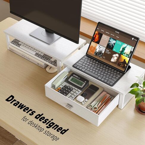WOHOMO Dual Monitor Stand Riser with Drawers, Desk Organizers for 2 Monitors, Desktop Storage Stand for Computer,Laptop,White in Saudi Arabia