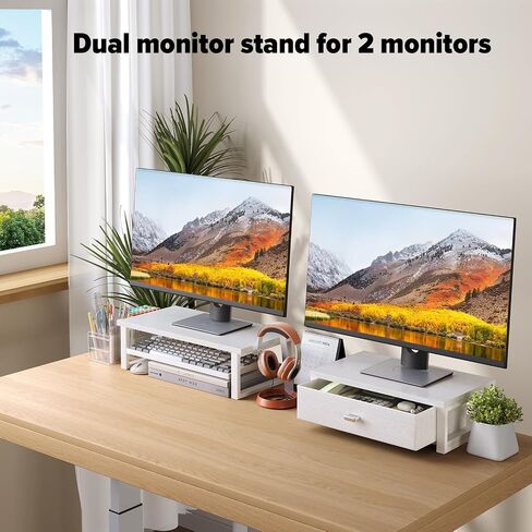 WOHOMO Dual Monitor Stand Riser with Drawers, Desk Organizers for 2 Monitors, Desktop Storage Stand for Computer,Laptop,White in Saudi Arabia