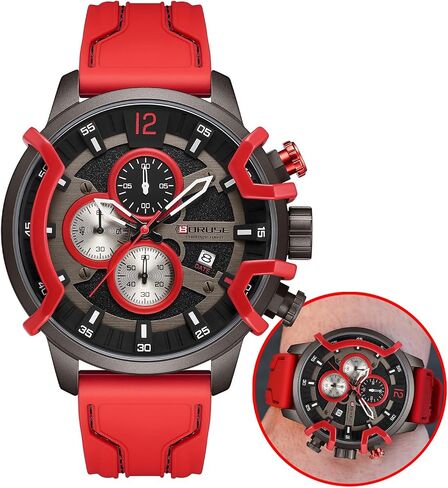 Mens Watches Red Big Face Sport Chronograph Analog Quartz Watch Fashion Military Silicone Strap Waterproof Calendar Wristwatch in Saudi Arabia