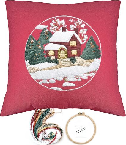 FONNUY Christmas Embroidery Kit for Beginners, Throw Pillow Case Cross Stitch Set Winter Snow House Holly Tree Pattern for Adults, Hand Works Crafts Throw Pillow Cover, 18 x 18'' (Green) in Saudi Arabia