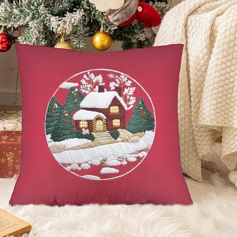 FONNUY Christmas Embroidery Kit for Beginners, Throw Pillow Case Cross Stitch Set Winter Snow House Holly Tree Pattern for Adults, Hand Works Crafts Throw Pillow Cover, 18 x 18'' (Green) in Saudi Arabia