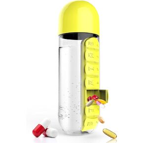Asobu Combine Daily Pill Box Organizer with Water Bottle, 20 oz, Black (Yellow)