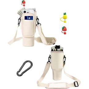 Water Bottle Bag with Handle for Stanley 40oz Cup with Cell Phone Pouch Neoprene Water cup Bag with Adjustable Shoulder Strap with Straw Flap and Carabiner (Black 2 pcs)