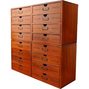 16-Drawer Wooden Storage Box (19.6"x6.89"x19.6") VIntage Filing Cabinet in Walnut Wood - 16-Slot Wooden Desk Drawer Unit w/Label Holders & Handles - Multi Level Countertop Drawer Organizer