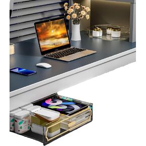 11" Under Desk Storage Drawer Under Desk Drawer Organizer, Stick On Under Table Drawer 13.9" Large and 8.2" Small,Self Adhesive Attachable Drawer Slide Out for Home Office School Black in Saudi Arabia