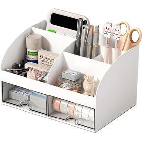 Desk Organiser - Office Organiser with 6 Compartments and 2 Small Drawers, Desk Storage Box for Pen Holders, Remote Control and Other Small Office Items - White in Kuwait